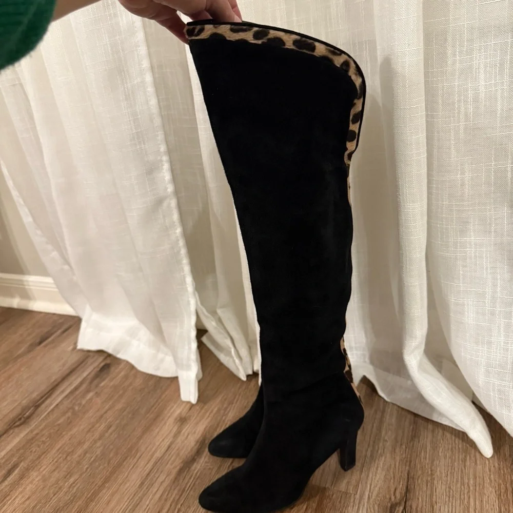 Stuart Weitzman Over the Knee Boots Sz 6 Black Suede Animal Print Heel Designer